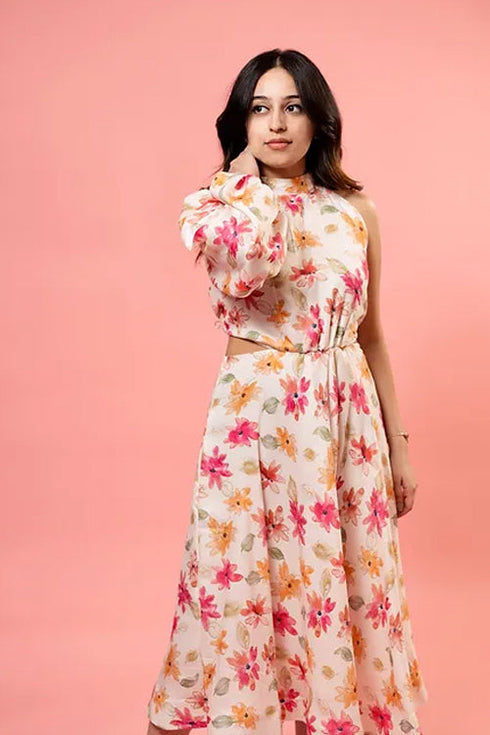 White Floral One Sleeve Midi Dress With Waist Cut